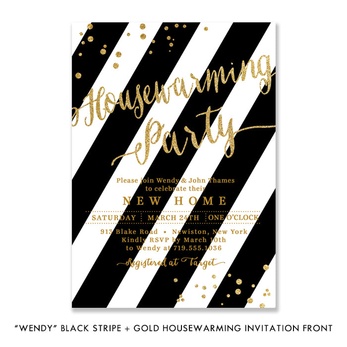 "Wendy" Black Stripe + Gold Housewarming Party Invitation