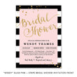 Load image into Gallery viewer, Elegant black rose and gold dots bridal shower invitations with chic gold and black and white striped designs.