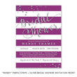 Load image into Gallery viewer, Chic Silver Dots and Purple Stripes Bridal Shower Invitation with bold silver font and glamorous design.