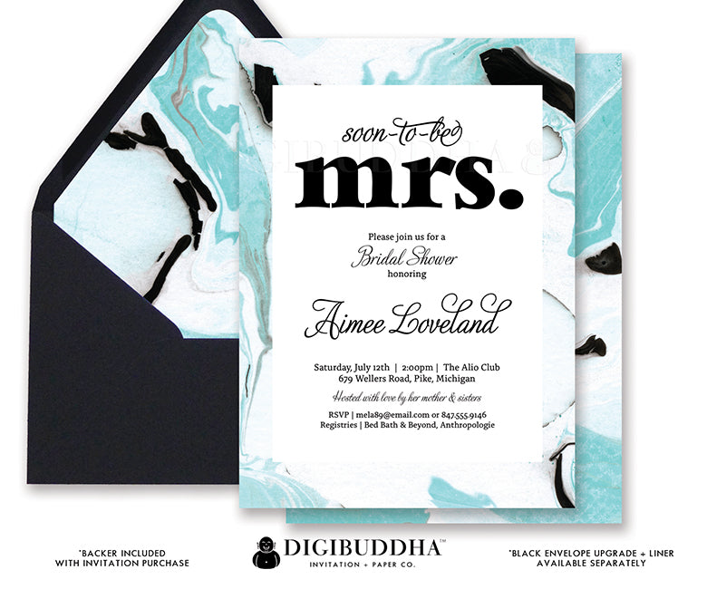 Elegant black and blue marble design bridal shower invitation by Digibuddha, perfect for a chic and modern bridal celebration