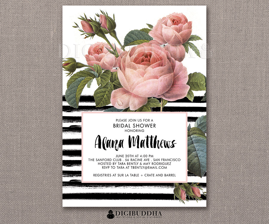 Elegant brush stripes and vintage floral bridal shower invitations, with classic black & white stripes & romantic pink roses