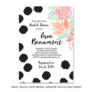 Elegant Black Dots and Pink Floral Bridal Shower Invitation featuring chic polka dots and pink florals by Digibuddha.