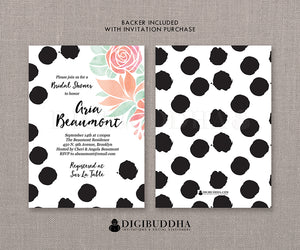 Elegant Black Dots and Pink Floral Bridal Shower Invitation featuring chic polka dots and pink florals by Digibuddha.