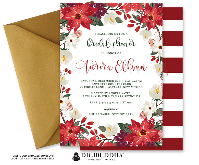 Discover Digibuddha's Festive Poinsettias Bridal Shower Invitations, adorned with vibrant poinsettias and red and white hues