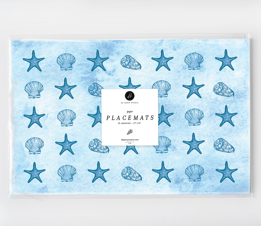 Beach Party Paper Placemats with Blue Seashells and Starfish by Digibuddha