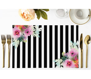 Black Striped Beauty Paper Placemats with Flowers for Bridal Shower Dinner by Digibuddha 