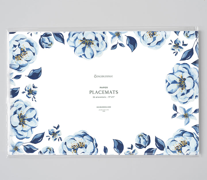 Blue Peonies in Bloom Paper Placemats Floral Boho Theme by Digibuddha