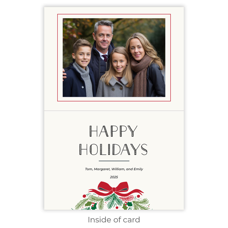 Elegant festive wreath personalize Christmas cards by Digibuddha, featuring charming graphics that are customizable.