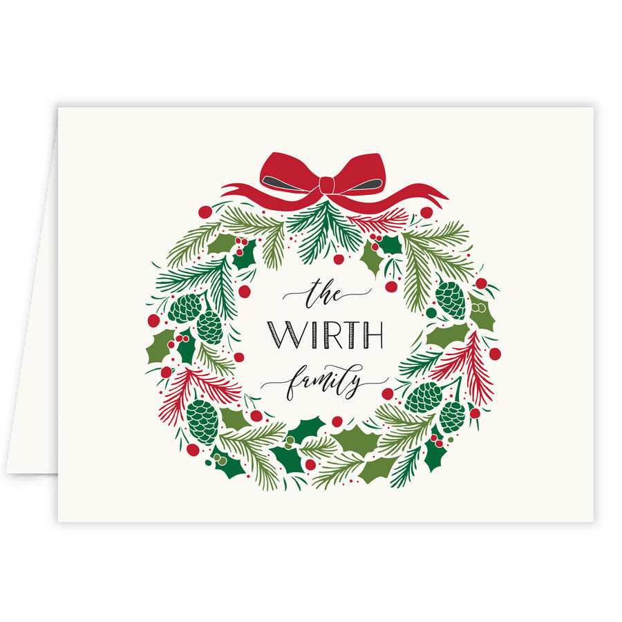 Elegant festive wreath personalize Christmas cards by Digibuddha, featuring charming graphics that are customizable.