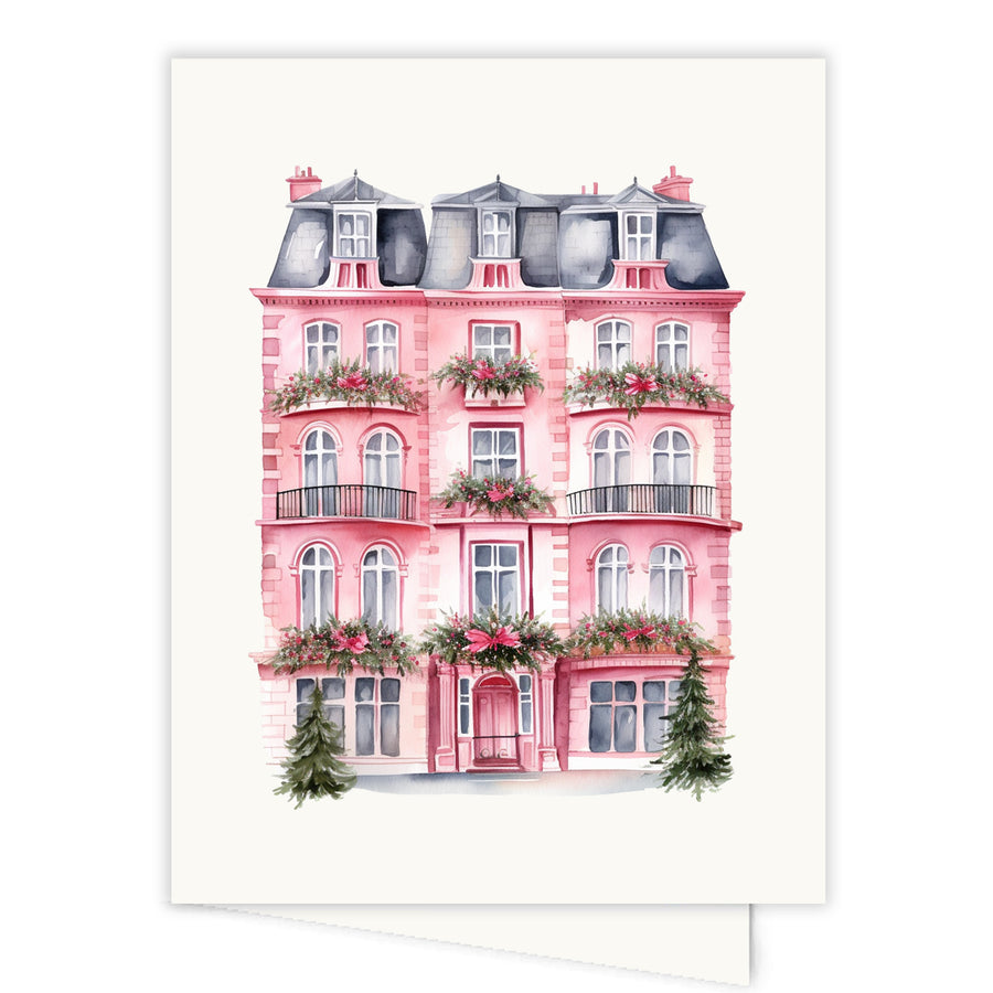Elegant Paris Pink House Holiday Card with festive Parisian design, ideal for personalized family Christmas greetings