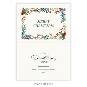 Elegant Holly Berry Folded Christmas Card with vibrant holly berries, floral border, and space for personalization.