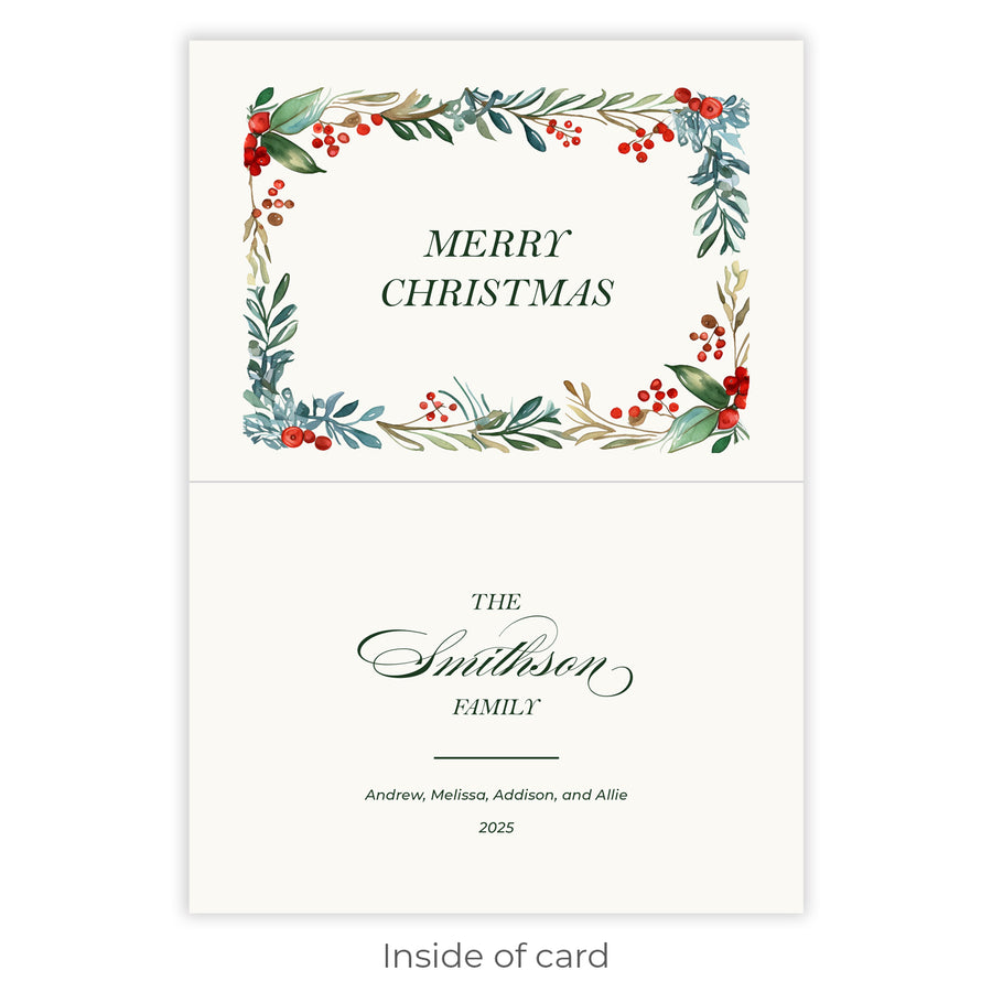 Elegant Holly Berry Folded Christmas Card with vibrant holly berries, floral border, and space for personalization.