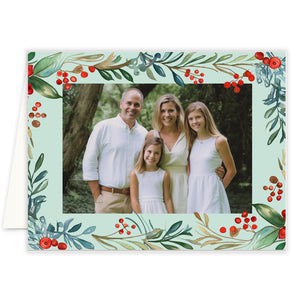 Elegant Holly Berry Folded Christmas Card with vibrant holly berries, floral border, and space for personalization.
