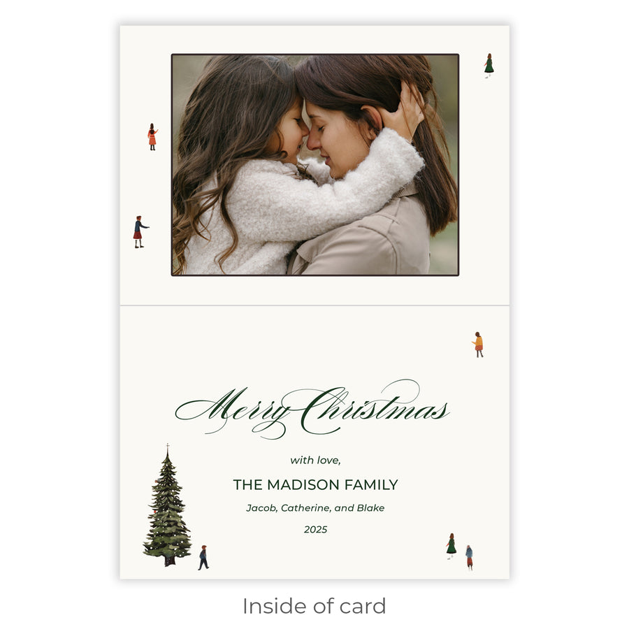 Cozy Little Christmas Village Folded Holiday Card with small village graphic, personalized photo option, and elegant design.