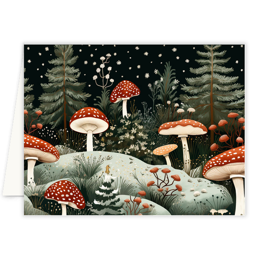 Woodland Mushrooms Folded Holiday Card featuring mushroom illustration, moonlight forest scene, personalized with family name