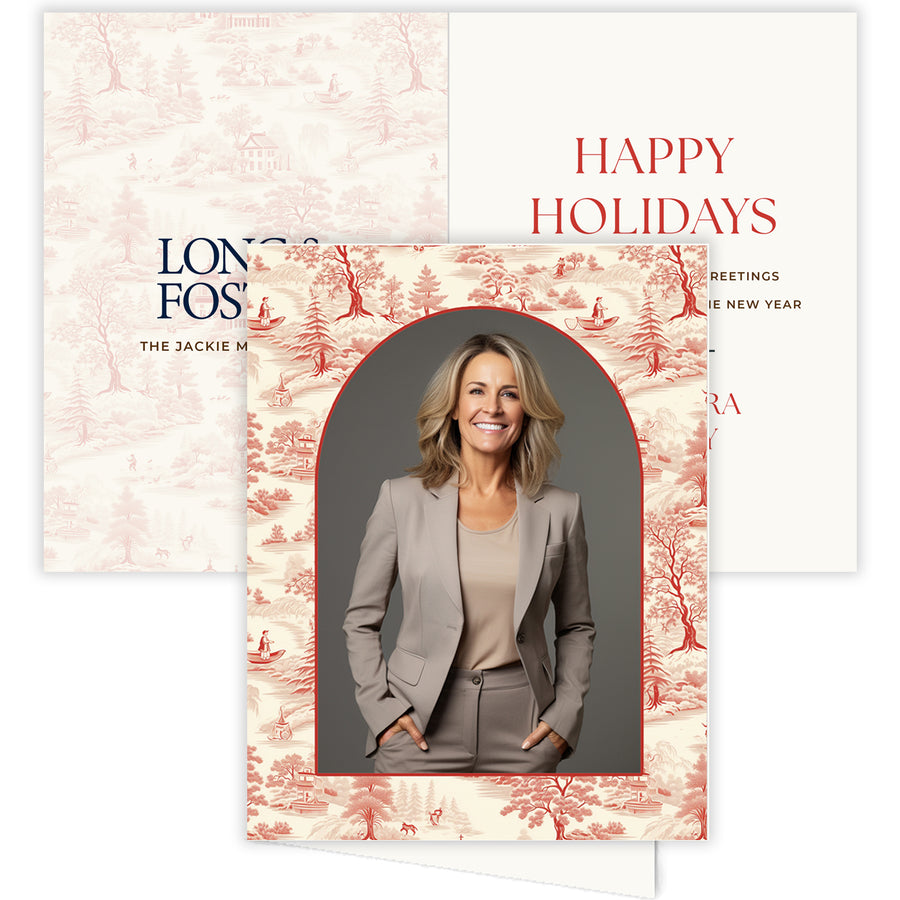 Vintage Red Toile Real Estate Agent Photo Holiday Cards