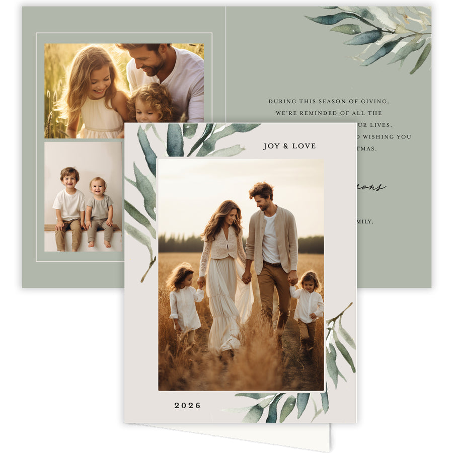 Neutral Greenery Photo Folded Holiday Cards