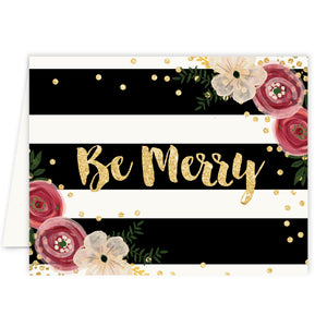 Black and white Christmas cards with delicate floral design, festive stripes, and "Be Merry" text. Luxe, modern, bold look for holiday greetings.