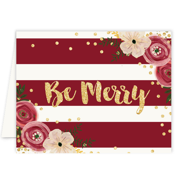 Be merry christmas cards with red stripe floral design, festive shimmer, and a modern yet classic touch by Digibuddha.