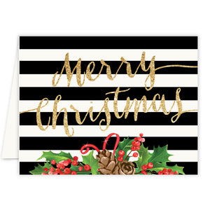 Vibrant poinsettia Christmas cards with bold Merry Christmas text, festive black and white stripes, and classic Christmas red design.