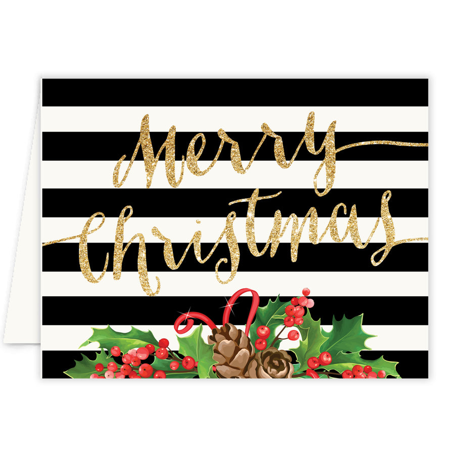 Vibrant poinsettia Christmas cards with bold Merry Christmas text, festive black and white stripes, and classic Christmas red design.