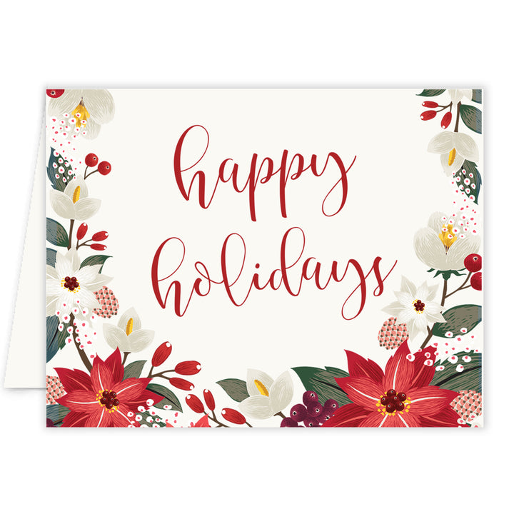 Elegant Poinsettia Christmas Cards by Digibuddha, showcasing vibrant, floral design with a blank interior for personalized messages, accompanied by envelope choices.