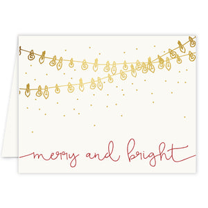 Merry and bright Christmas card pack, full-color, festive string of lights design, blank inside for custom messages, includes envelopes.