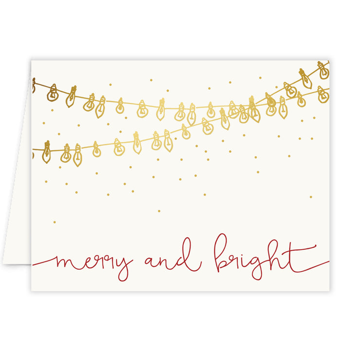 Merry and bright Christmas card pack, full-color, festive string of lights design, blank inside for custom messages, includes envelopes.