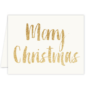 Gold Merry Christmas greeting cards, elegant festive design, perfect for holiday correspondence, featuring chic golden text, modern minimalist appeal, ideal for sending unique season's greetings to loved ones, friends, and colleagues, blank interior for personalized messages, high-quality print.