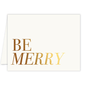 Elegant "be merry" text in gold on a white and gold simple Christmas card, designed by Digibuddha.