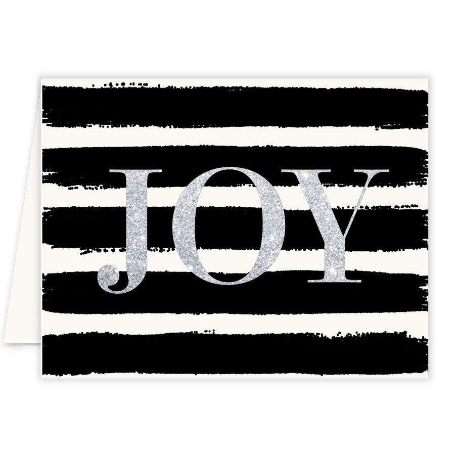 Elegant Christmas Silver Greeting Card with joy text, glitter look silver text on black and white stripes background.