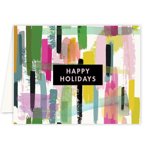 Abstract, colorful paint strokes on Pink Happy Holidays Christmas cards, watercolor design, festive and artsy, by Digibuddha