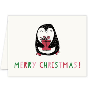 Colorful merry Christmas penguin holiday card with festive design, reds, greens, pinks, blank inside, pack of 10.