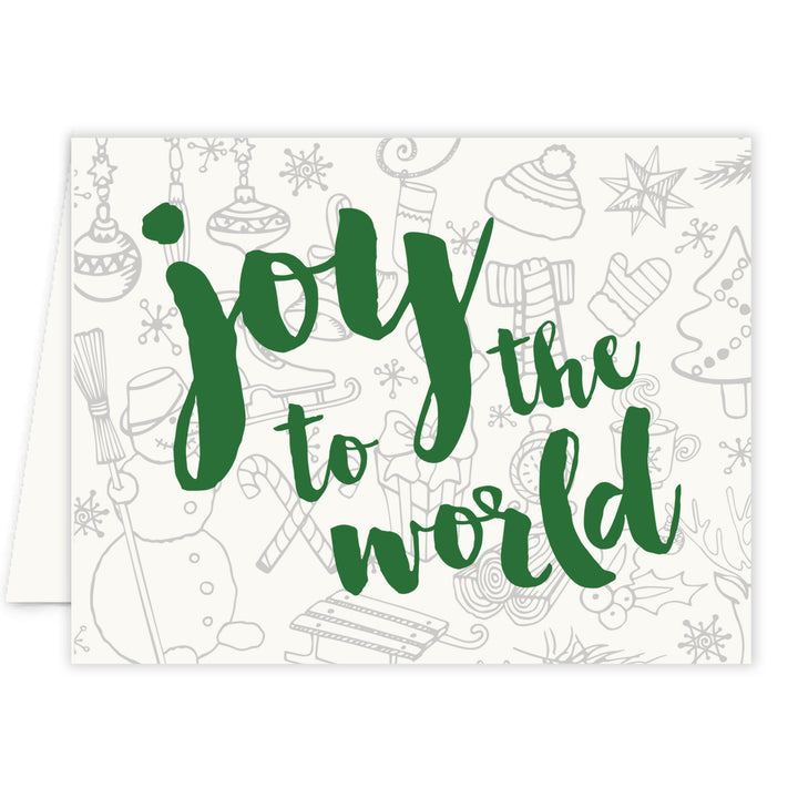 Joy to the World Green Holiday Card with bold festive font, muted Christmas background pattern, blank interior for messages