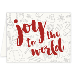 Vibrant joy to the world red Christmas card with festive design, blank inside for custom messages, boxed set of 10