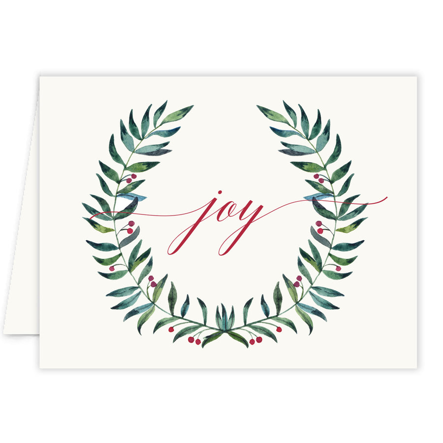 Joy festive wreath holiday card, vibrant red and green design, modern and beautiful, by Digibuddha.