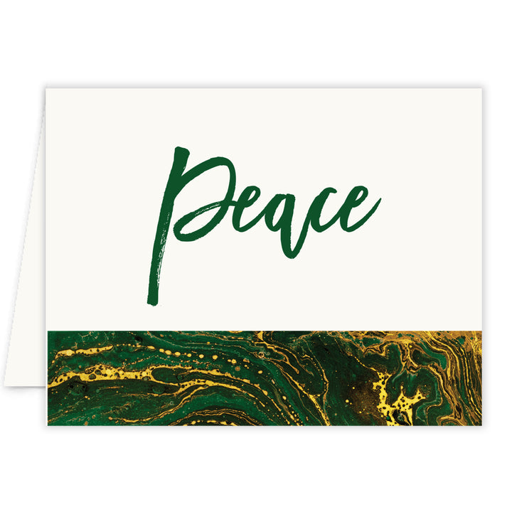 Marble Green & Gold Peace Holiday Cards, classic elegant design, beautiful Christmas stationery, by Digibuddha.