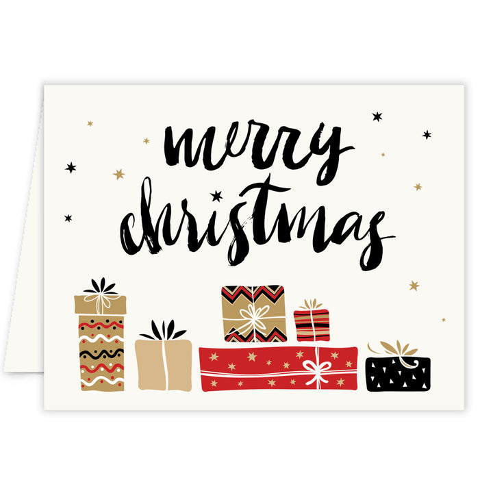 Festive Merry Christmas presents holiday card, modern design with presents graphic, blank inside, boxed set of 10