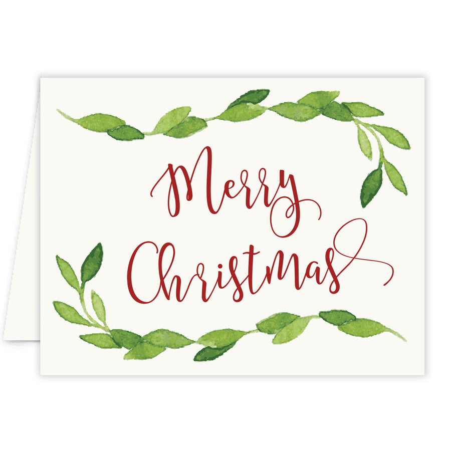 Elegant Merry Christmas vines holiday card, classic red and green design, blank inside for messages, boxed set of 10