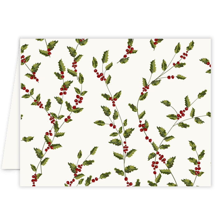 Festive mistletoe holly berry Christmas card, modern design with red and green vines pattern, blank inside, boxed set of 10