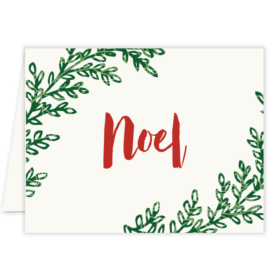 Elegant noel red and green holiday card, modern design with festive branches, blank inside for custom messages