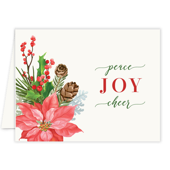 Peace, joy, and cheer holiday card greeting by Digibuddha, featuring holiday flower designs in Christmas colors.