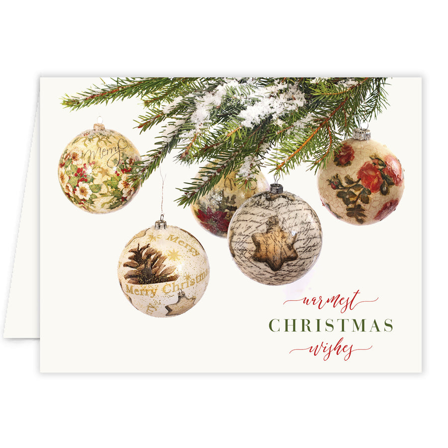 Classic Warmest Wishes Christmas Cards by Digibuddha, featuring elegant ornaments, festive font, and vintage design