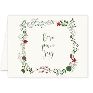Love Peace Joy Christmas Cards by Digibuddha, featuring whimsical winter foliage, festive colors, and elegant design.