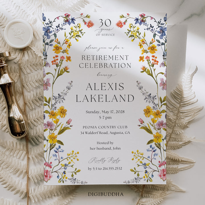 Spring wildflower frame retirement party invitations with pressed floral design and whimsical botanical accents