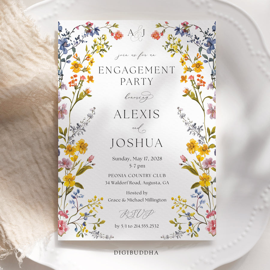 Spring wildflower frame engagement party invitations with pressed floral design and whimsical botanical accents.