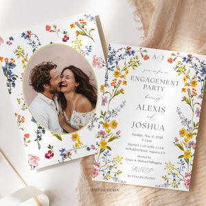 Spring wildflower frame engagement party invitations with pressed floral design and whimsical botanical accents.