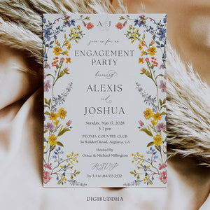 Spring wildflower frame engagement party invitations with pressed floral design and whimsical botanical accents.