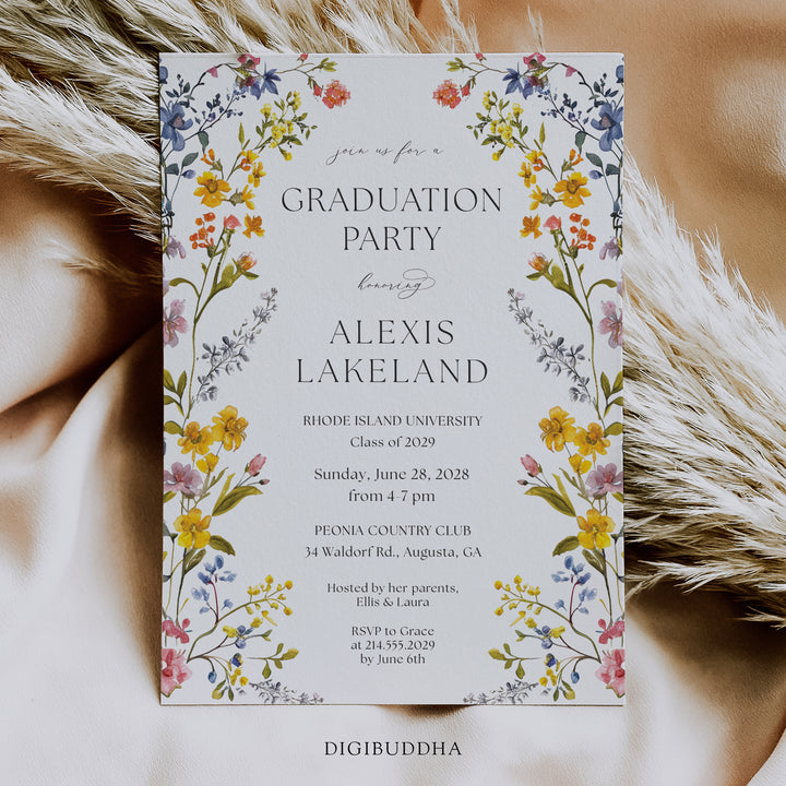 Elegant graduation party invitation with spring wildflower frame, pressed floral design, and whimsical garden party theme