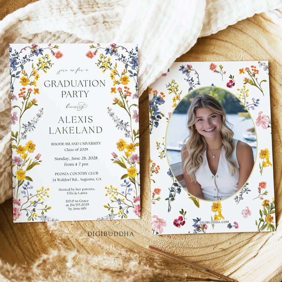 Elegant graduation party invitation with spring wildflower frame, pressed floral design, and whimsical garden party theme